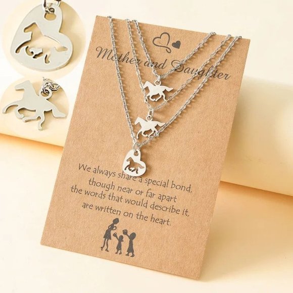 3 PC Horse Silver Necklace Set Mother Daughter - Picture 2 of 6